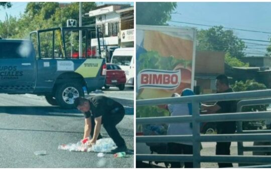 Viral: Policía de Santa Catarina ayuda a mujer a recoger sus botes de plástico en la calle