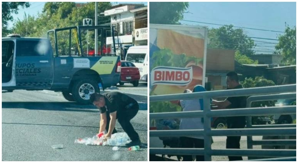 Viral: Policía de Santa Catarina ayuda a mujer a recoger sus botes de plástico en la calle